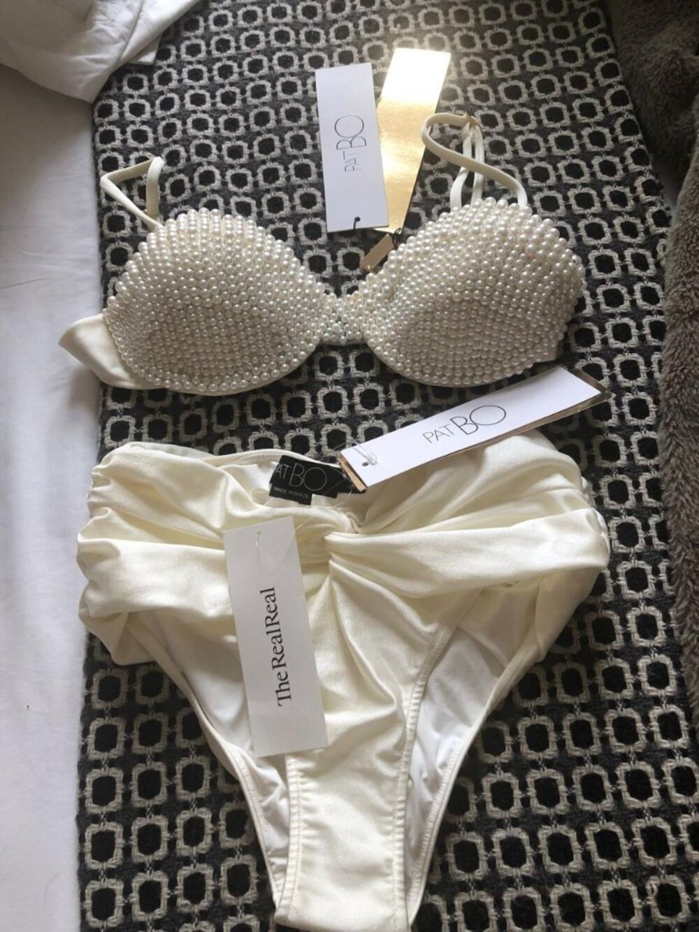 PatBO Pearl beaded bikini top and Ruched Bikini Bottoms